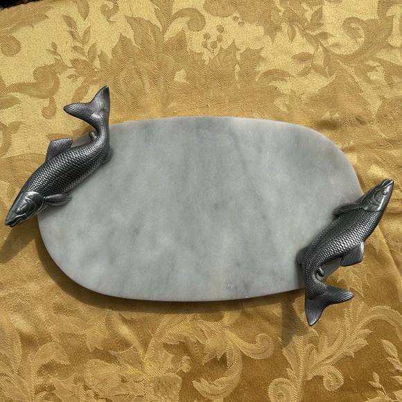 Carrara marble and pewter silver fish design handles serving tray - Picture 1 of 10
